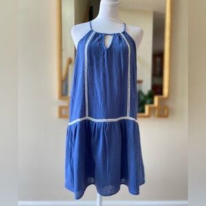 SAGE the Label Blue Halter Mini Dress White Ric Rac Trim Keyhole Neck Small